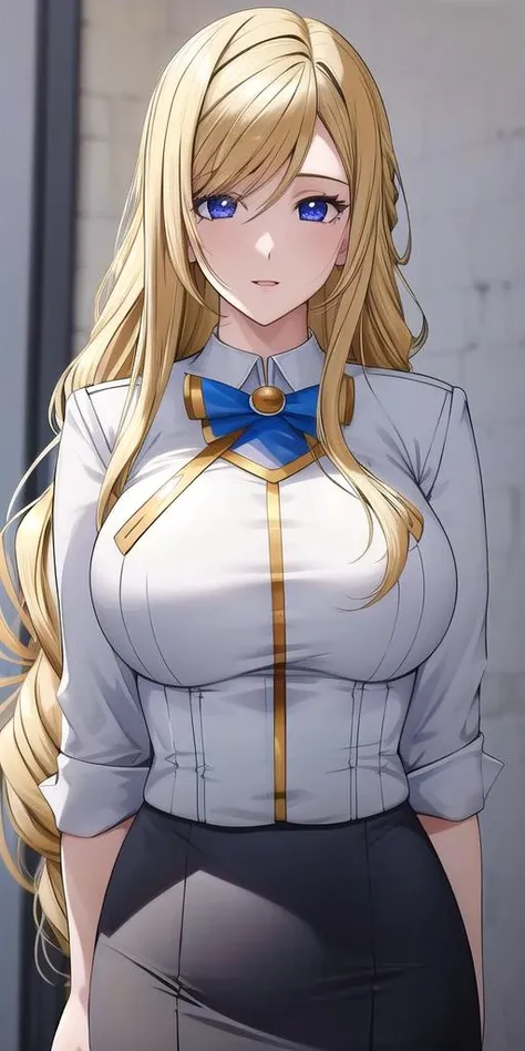 masterpiece, best quality,  <lora:MiriaMatsubara-10:1> fwmiria, , brooch, white ascot, white shirt, short sleeves, frills, blue skirt, pantyhose, close-up, hands to own , smile, furrowed brow, looking at viewer, standing