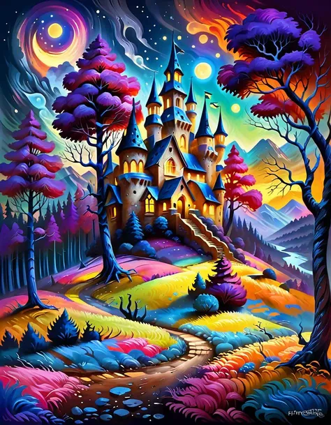 (horror theme,:2)Fauvist Landscape: A vibrant and colorful (fantasy landscape), magic forest,small home, with bold brushstrokes and unnatural colors, inspired by Henri Matisse. <lora:Fantasy_XL_V1:1> <lora:RpgArtworkStyle_v1:1> rpgartworkstyle, artwork