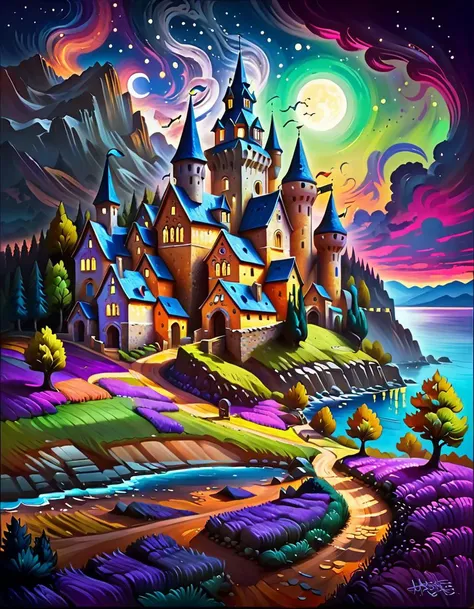 (horror theme,:2)Fauvist Landscape: A vibrant and colorful (fantasy landscape), medieval town,small home, with bold brushstrokes and unnatural colors, inspired by Henri Matisse. <lora:Fantasy_XL_V1:1> <lora:RpgArtworkStyle_v1:1> rpgartworkstyle, artwork