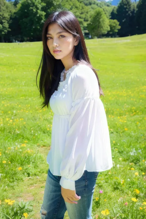 masterpiece,beautiful,extremely detailed,(ultra high res),(8k UHD best quality), (realistic, photo-realistic:1.37), depth_of,field, blurry_background, photo_inset,Dramatic lighting,reference_inset,photo_background,brown_eyes,photorealistic,looking_at_viewer,1girl,shiny skin,detailed skin,(((full body))),(((White blouse))),Enchanting meadow with wildflowers,saori<lora:saori hara:1>