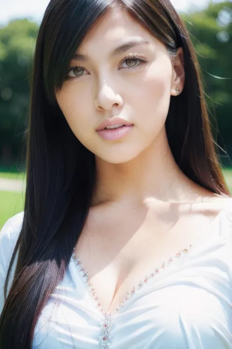 masterpiece,beautiful,extremely detailed,(ultra high res),(8k UHD best quality), (realistic, photo-realistic:1.37), depth_of,field, blurry_background, photo_inset,Dramatic lighting,reference_inset,photo_background,brown_eyes,photorealistic,looking_at_viewer,1girl,shiny skin,detailed skin,(((White blouse))),sunny field,saori<lora:saori hara:1>