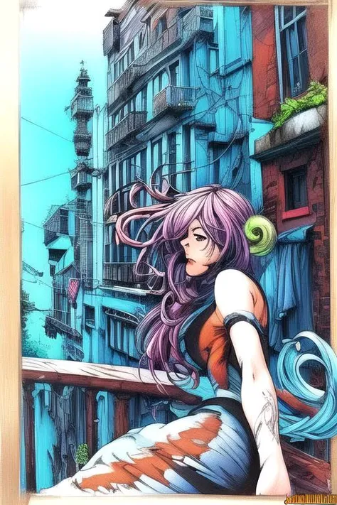 ink sketch of a person climbing a building, <lora:JoeMad:1>, joemad, <lora:add_detail:1>, cowboy shot, colorful01