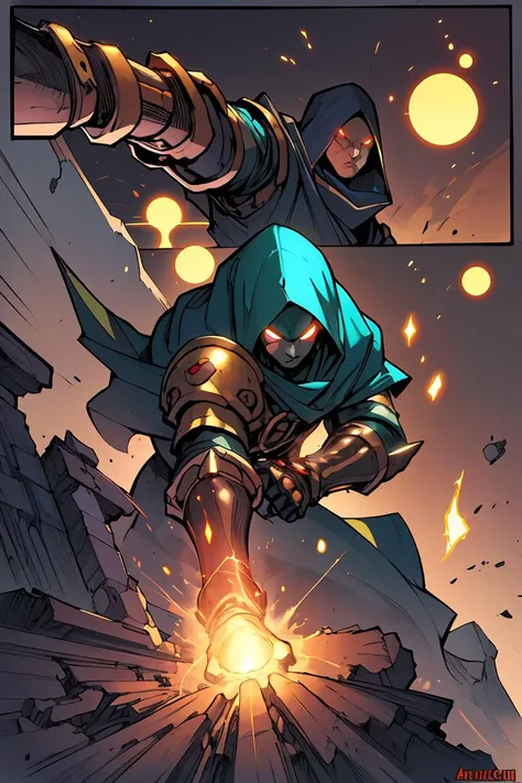 JoeMad, fantasy hero, action pose, uhd, best quality, cartoon, armor, trending on artstation, vibrant colors, epic fantasy, magic powers, steampunk, hood, cape, giant gauntlets, comic style, green robe, glowing eyes, cape, ancient city, <lora:JoeMad-10:0.8>,solo,