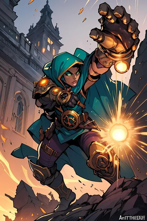 JoeMad, fantasy hero, action pose, uhd, best quality, cartoon, armor, trending on artstation, vibrant colors, epic fantasy, magic powers, steampunk, hood, cape, giant gauntlets, comic style, green robe, glowing eyes, cape, ancient city, <lora:JoeMad-10:0.8>,solo,