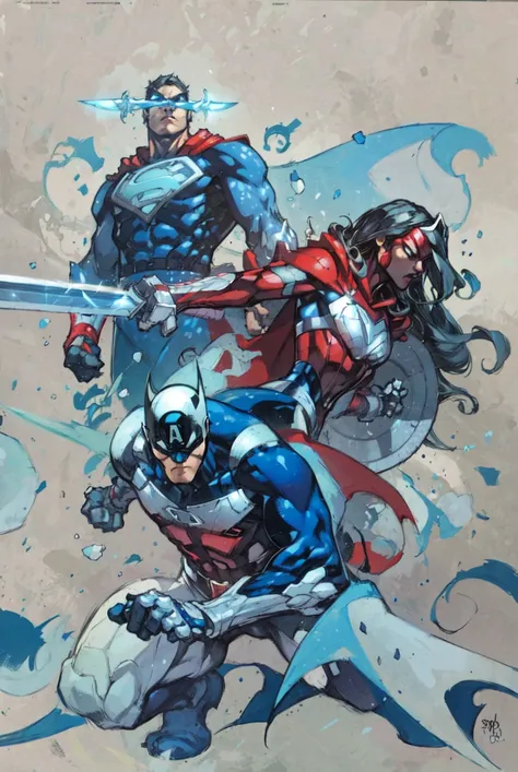 JoeMad, masterpiece, best quality, superhero, multiple boys, 1girl, cape, shield, weapon, 2boys, sword, long hair, mask, armor, bodysuit, <lora:JoeMad-10:1>