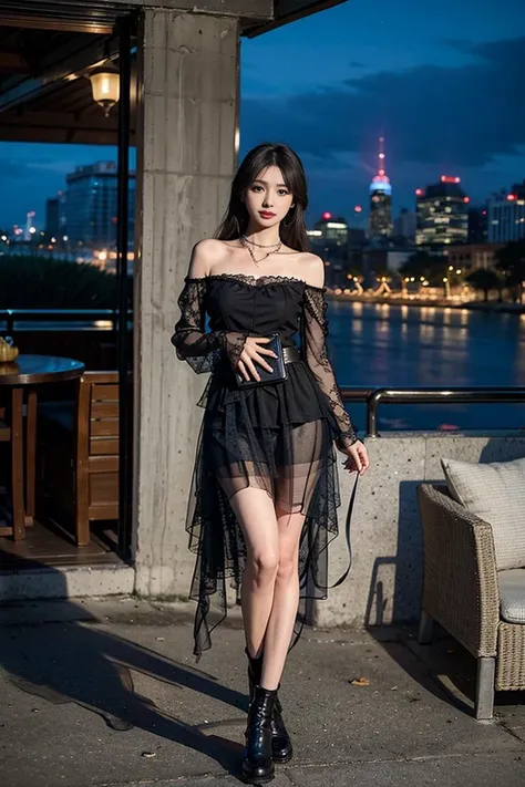 good hand,4k, high-res, hdr render, summertime render,  masterpiece, best quality, head:1.3,((Hasselblad photography)), finely detailed skin, sharp focus, (cinematic lighting), night, soft lighting, dynamic angle, [:(detailed face:1.2):0.2],(((5 stars hotel))),a woman in a dress and a city in the background, Fei Danxu, sakimi chan, a character portrait, private press, (full body), <lora:darkstyle_v3_ FinalVersion:0.5>dark red dress