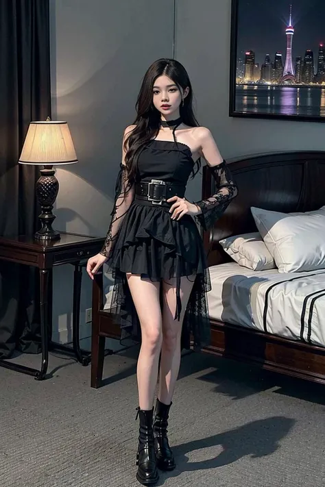 good hand,4k, high-res, hdr render, summertime render,  masterpiece, best quality, head:1.3,((Hasselblad photography)), finely detailed skin, sharp focus, (cinematic lighting), night, soft lighting, dynamic angle, [:(detailed face:1.2):0.2],(((5 stars hotel))),a woman in a dress and a city in the background, Fei Danxu, sakimi chan, a character portrait, private press, (full body), <lora:darkstyle_v3_ (15):0.5>