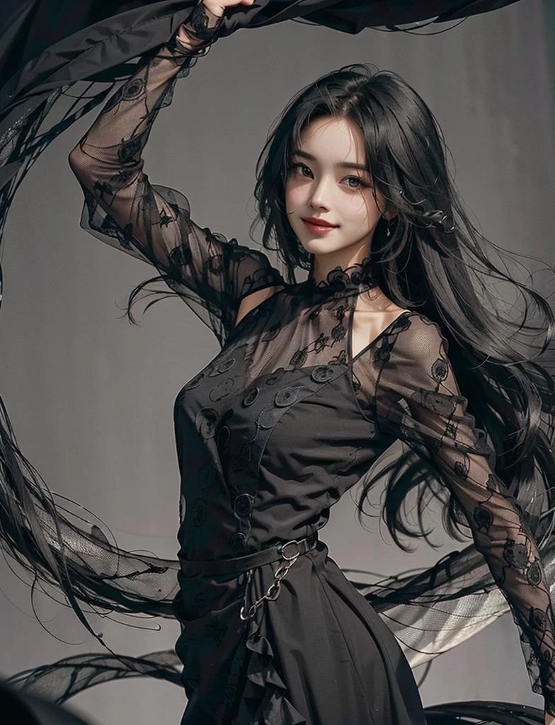 photograph, woman (super long hair swirling and wrapping around her:1.3), windy hair, (black clothes swirling and wrapping around:1.2), smiling, looking at viewer, dusty, vellus, plain black dress
<lora:darkstyle_dress:0.5>