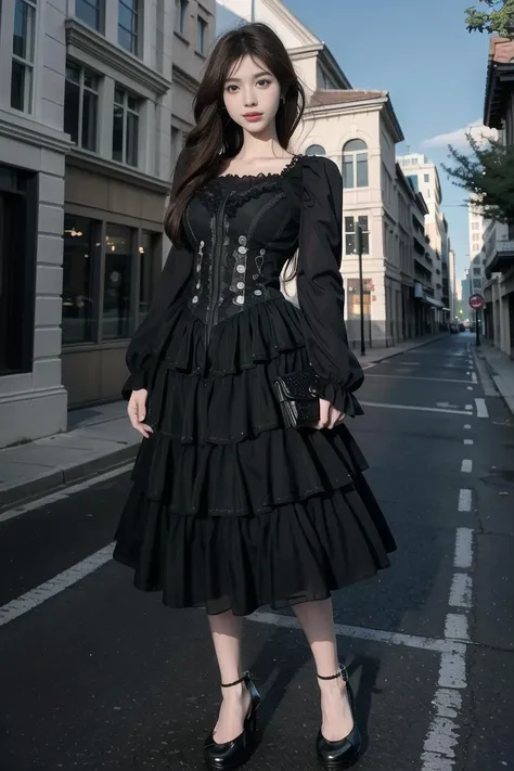 masterpiece, best quality, realisti,8k, highres, looking at viewer, full body,   standing, <lora:darkstyle_20230620170249-000019:0.8>dark dress,outdoors,down town