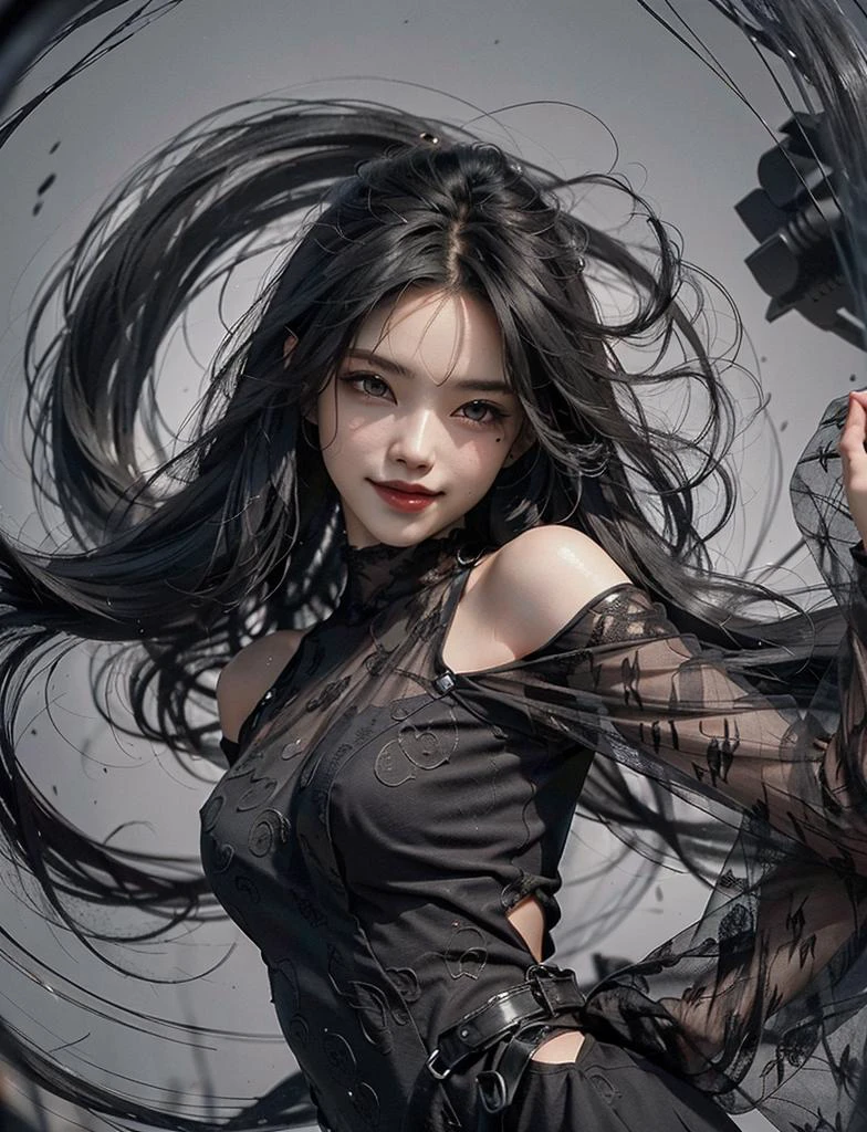 photograph, woman (super long hair swirling and wrapping around her:1.3), windy hair, (black clothes swirling and wrapping around:1.2), smiling, looking at viewer, dusty, vellus, plain black dress
<lora:darkstyle_dress:0.5>