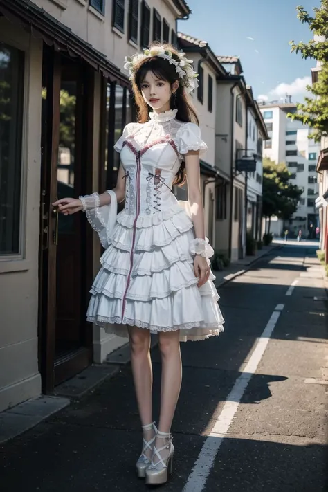 masterpiece, best quality, realisti,8k, highres, looking at viewer, full body,   standing, <lora:darkstyle_20230620170249-000016:0.8>white dress,outdoors,down town