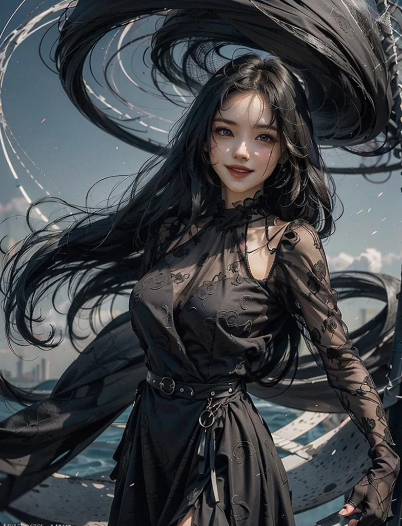 photograph, woman with hands behind back (super long hair swirling and wrapping around her:1.3), windy hair, (black clothes swirling and wrapping around:1.2), smiling, looking at viewer, dusty, vellus, plain black dress
<lora:darkstyle_dress:0.5>