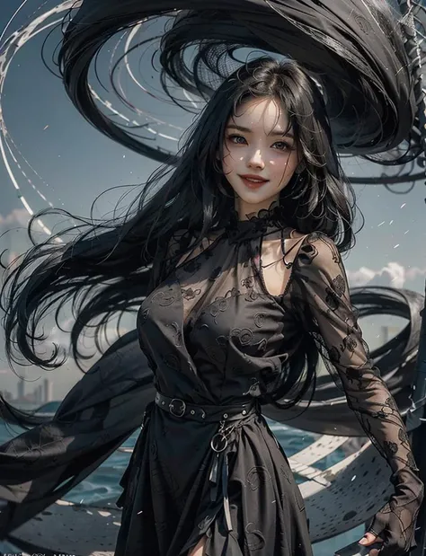 photograph, woman with hands behind back (super long hair swirling and wrapping around her:1.3), windy hair, (black clothes swirling and wrapping around:1.2), smiling, looking at viewer, dusty, vellus, plain black dress
<lora:darkstyle_dress:0.5>