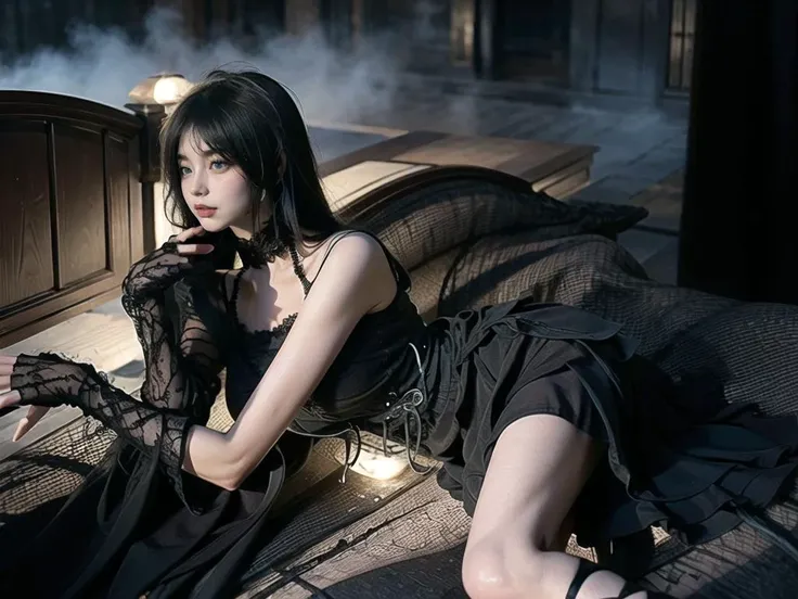 From below, Technoir, Sulky, Artistically refined, Realistic visuals, Breathtaking beauty, Diffused, natural skin glow, Girl sitting and enjoying the view, 24-years-old, thin, Floating Medium Hair, bangs, (Gothic_punk dress:1.2), masterpiece, Highest quality, RAW Photos, Candid, zwd, (night, Soft lighting, Highest quality, 8K, masterpiece, RAW Photos: 1.3),mysterious, Beautiful Vampireの女性, Fantasy, (( Beautiful Vampire, Pointed fangs, Pointed canines: 1.2)), Red colored eyes, , thin目, Symmetrical eyes, (Highlight Color Hair, Shortcuts, Bob Cut Hairstyles), Earrings, 手首にthinブレスレット, Super detailed, Intricate details, Highly detailed face and skin tones, The body is slim, Full Body Tattoo, Fine grain, Realistic, compensate, intellectual, Fascinating, Beautiful standing posture, Slim legs, Small breasts, Medieval European streets, nightの街