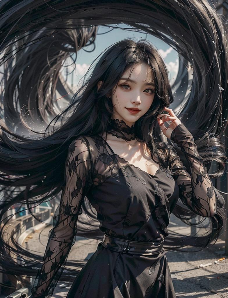 A close up of a woman with long black hair posing for a picture - SeaArt AI
