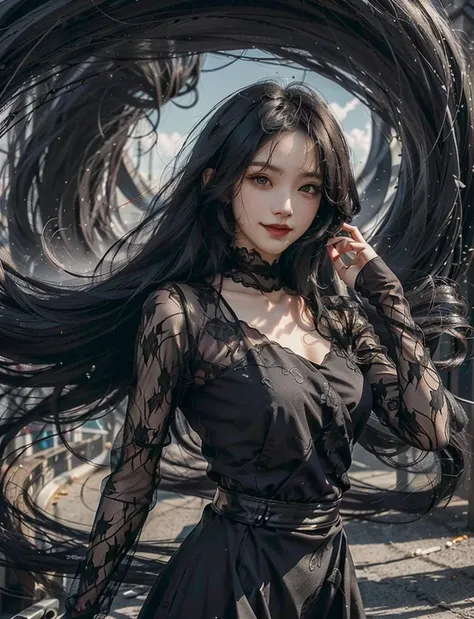 photograph, woman (super long hair swirling and wrapping around her:1.3), windy hair, (black clothes swirling and wrapping around:1.2), smiling, looking at viewer, dusty, vellus, plain black dress
 <lora:darkstyle_dress:0.5>