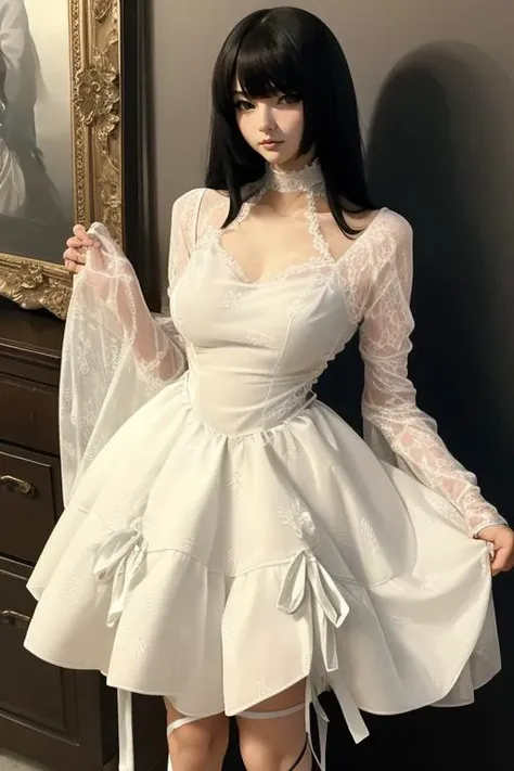 (masterpiece:1.2, best quality), 1lady, solo, upper body, big tits, In the picture, 1girl, looking at viewer, (full body),standing, <lora:darkstyle_20230615161134-000010:1> white dress
