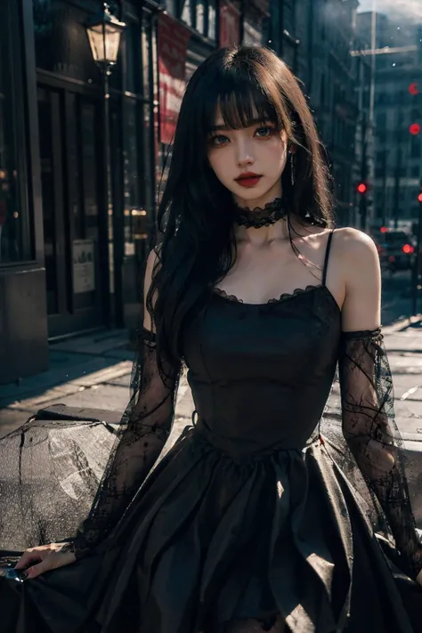 (dark scene, soft lighting, high saturated):1.4, vivid illumination, enchanting elegance, atmospheric depth, masterful technique, naturalistic representations, harmonious composition, creative refinement, striking juxtapositions,
1girl, dark dress, blue eyes,  facing viewer, cowboyshot, 
,volumetric fog, outdoors