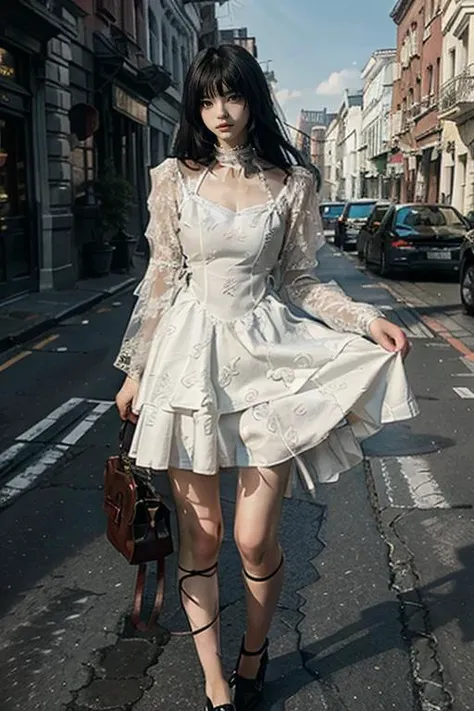 masterpiece, best quality, realisti,8k, highres, looking at viewer, full body,   standing, <lora:darkstyle_dress:0.8>white dress,outdoors,down town