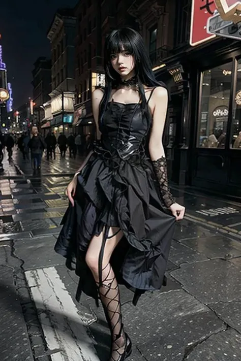 masterpiece, best quality, realisti,8k, highres, looking at viewer, full body, standing, <lora:darkstyle_dress:0.8>dark dress,outdoors,down town