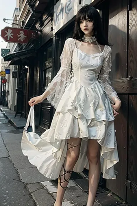 masterpiece, best quality, realisti,8k, highres, looking at viewer, full body, standing, <lora:darkstyle_dress:0.8>white dress,outdoors,down town