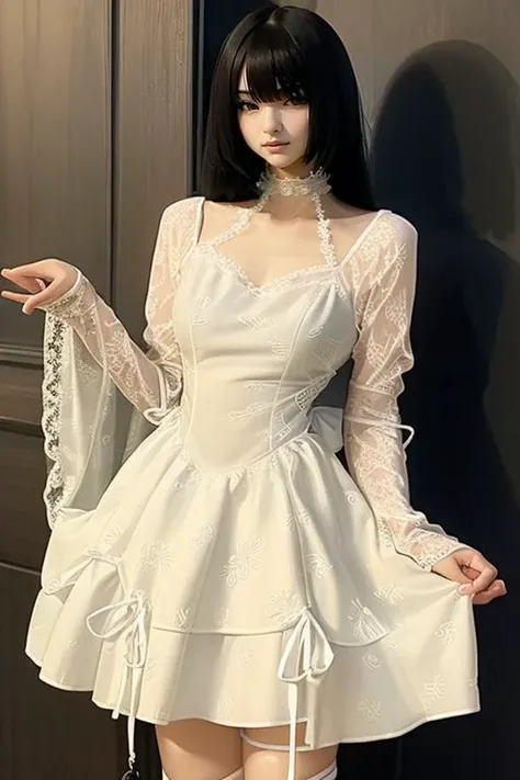 (masterpiece:1.2, best quality), 1lady, solo, upper body, big tits, In the picture, 1girl, looking at viewer, (full body),standing, <lora:darkstyle_20230615161134-000019:1> white dress