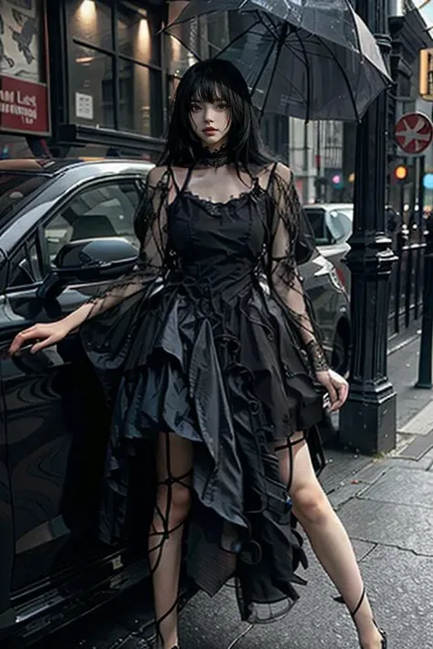 masterpiece, best quality, realisti,8k, highres, looking at viewer, full body, standing, <lora:darkstyle_dress:0.8>dark dress,outdoors,down town