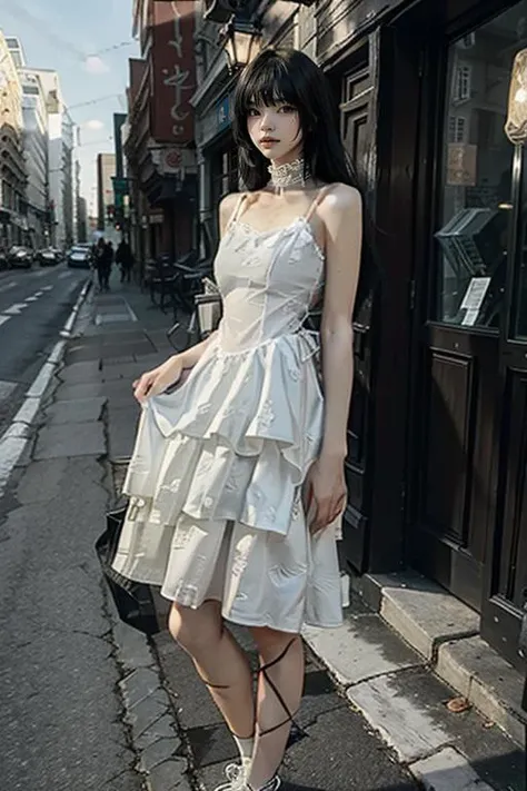 masterpiece, best quality, realisti,8k, highres, looking at viewer, full body, standing, <lora:darkstyle_dress:0.8>white dress,outdoors,down town