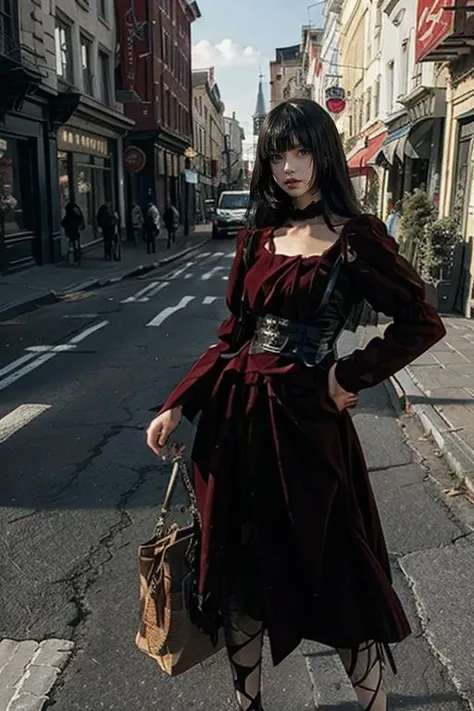 masterpiece, best quality, realisti,8k, highres, looking at viewer, full body, standing, <lora:darkstyle_dress:0.8>dark red dress,outdoors,down town