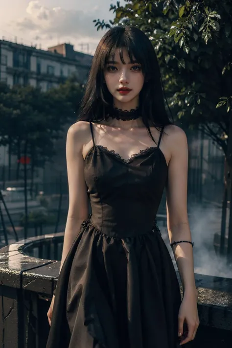 (dark scene, soft lighting, high saturated):1.4, vivid illumination, enchanting elegance, atmospheric depth, masterful technique, naturalistic representations, harmonious composition, creative refinement, striking juxtapositions,
1girl, dark dress, blue eyes, facing viewer, cowboyshot,
,volumetric fog, outdoors