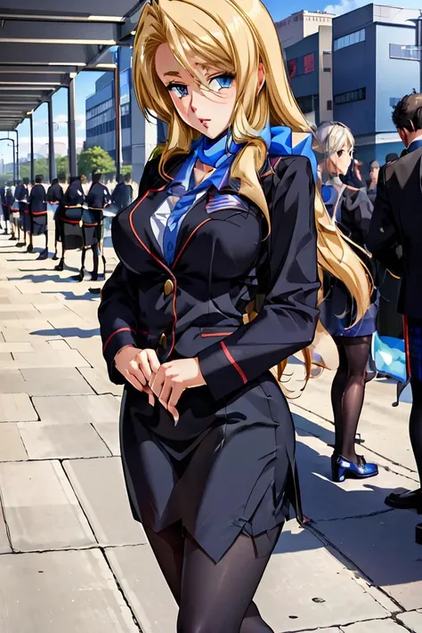 (masterpiece, best quality), 1girl, <lora:Mitsuhashi Serika:1> Mitsuhashi Serika, stewardess uniform, pencil skirt, blue stewardess scarf, black thighband pantyhose, pumps