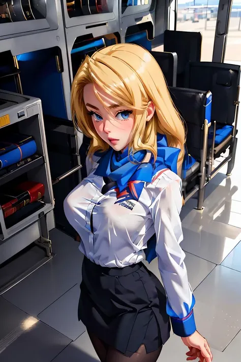 (masterpiece, best quality), 1girl, <lora:Mitsuhashi Serika:1> Mitsuhashi Serika, stewardess uniform, pencil skirt, blue stewardess scarf, black thighband pantyhose, pumps