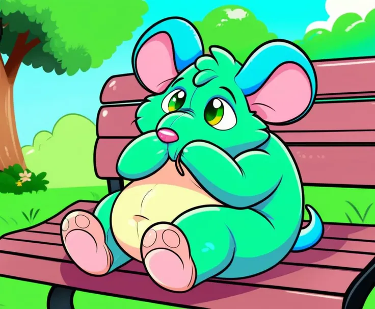 furry art, big cute eyes looking at me! digital art of a colorful multicolor adorable blue green big round rat, bouncy, chubby squishable cute, rubbing nose, shy blush, sitting on bench <lora:BloonzXLv3-000060:0.8>