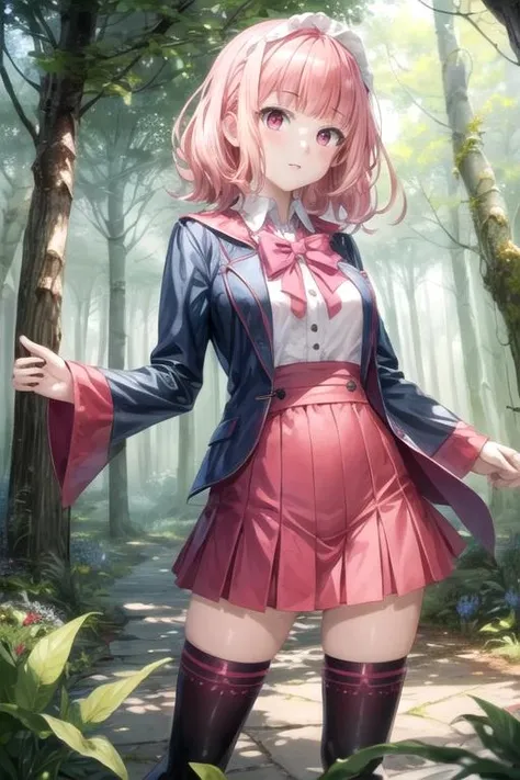 The image is of a beautiful woman wearing a tight fitting uniform. The woman has long flowing pink hair with strands of braided hair tied with red ribbon throughout. She has gorgeous green eyes that shine like emeralds. Her face is youthful and gorgeous. Her breasts are ample and seem too large for her uniform. She is short in height but well developed -a short stack. She blushes as you look at her. She's standing in an autumnal forest. In the distance is a serene body of water. It's night time and a full moon lights the scene. A gentle breeze suspends fallen autumn leaves around her. The wind lifts up her skirt revealing her blue and white striped panties. The image is ultra detailed with gorgeous colors, perfect line work, and detailed shading. The image really portrays the sexiness of the character. YasogamiFemaleWinter, black shirt, long sleeves, black sailor collar, yellow neckerchief, grey skirt, black thighhighs, autumn, serene water, lifted skirt, panty reveal, night time, gentle breeze,
