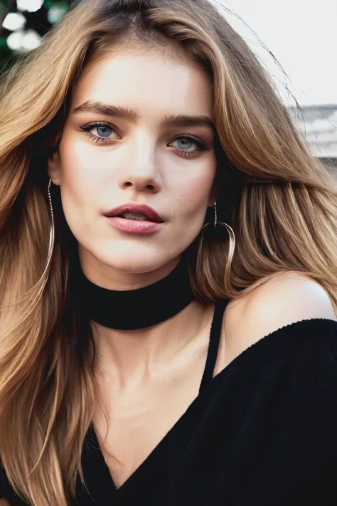 nataliaVo1 piercing eyes, looking straight, very happy,long hair, wearing an off-shoulder sweater, choker, closeup portrait, in a outdoor cafe in 2015, afternoon light