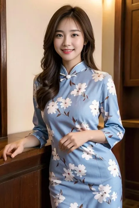 1girl, solo, brown hair, <lora:qipaox2:0.6>, qipaox, smile, floral print, standing, best quality ,masterpiece, large breasts, cowboy shot,(best quality:1.3),ultra high res,raw photo,detailed skin,beautiful lighting, background, realistic,