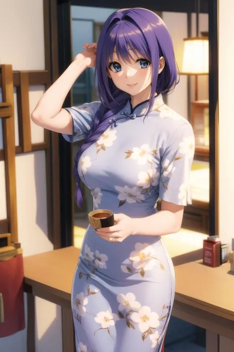 best quality,masterpiece, high res,original, beautiful detailed eyes,ultra-detailed,
1girl, solo,
in bedroom,
qipaox, <lora:qipaox2:0.5>, chinese clothes, floral print, dress, china dress,
akiko_minase, arms up, blue eyes, purple hair, braid, covering, hair intakes, hair over shoulder, large breasts, long hair, mature female, single braid, smile, solo,
<lora:akiko_minase:0.8>,