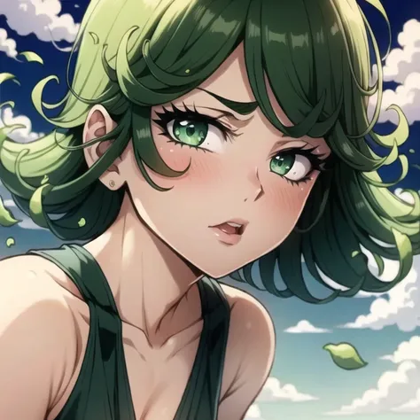 Natural Volumetric Lighting And Best Shadows, Deep Depth Of Field, Sharp Focus,1girl, solo, Terrible_Tornado,looking_at_viewer, blush, short_hair, bangs, green_hair, green_eyes,detailed eyes, collarbone, thighs, small_breasts, outdoors, parted_lips, green_hair, float, cloud, dark green dress, covered_navel,covered_shouders,covered_breast, cloudy_sky, pelvic_curtain, side_slit, curly_hair, flipped_hair, <lora:tatsumakiTerribleTornado_v01:1.2>