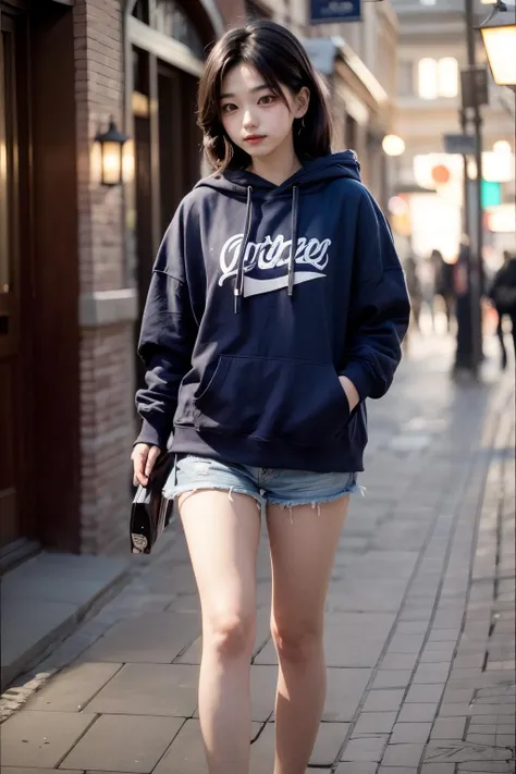 Cute small dark skin toned Chinese girl wearing glasses, extremely high detailed jeans, detailed , hoodie.
