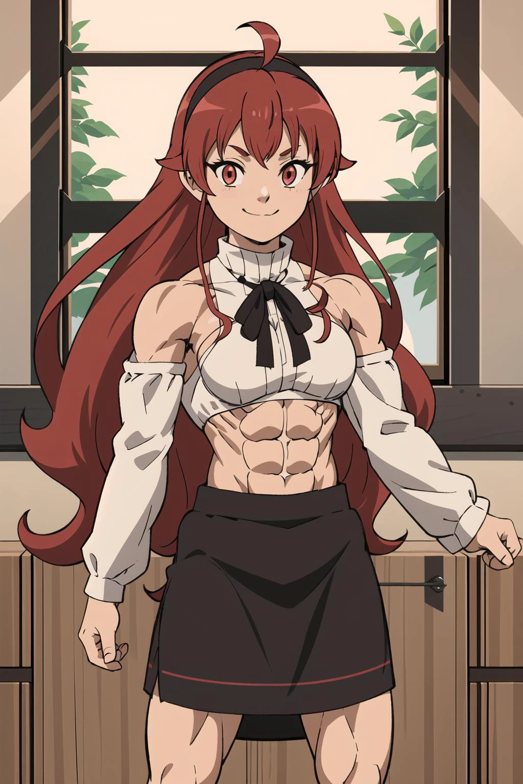 (toned body) abs(muscular:1.5)
best quality, (masterpiece:1.2), detailed,
eris boreas greyrat,
closed mouth, light smile,
long hair, red hair, ahoge, red eyes, black hairband,
white dress, bare shoulders, neck ribbon, black ribbon, brown skirt, long sleeves,
standing, looking at the viewer,
indoors, window <lora:PokkutiV3:0.45> <lora:chara_MushokuTensei_ErisBoreasGreyrat_v1:0.8>