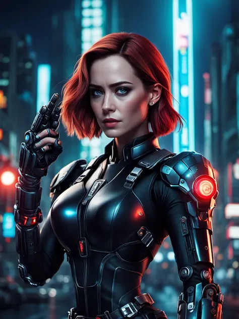 cinematic photo , ( Emily Blunt as    cyberpunk  black widow)  with rusty and damage  cybernetic arm,   cyberpunk style,  dynamic posture , a sentient ai discovering its creators are long gone,   (ai artwork by Quiron:0.1),  neon light,  night,  super detailed, 8k, high quality, trending art, trending on artstation,   (SteelHeartQuiron character, Sorayama Style, chrome armor), 
 <lora:sd_xl_base_1.0_quiron_SteelHeart_V2_Lora:0.77>