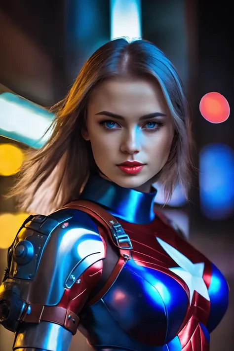 cinematic photo , ( tahyna tozzi as    cosplaying cyberpunk  superheroine captain america)  with rusty and damage  cybernetic arm,   cyberpunk style,  dynamic posture ,    neon light, trending art, trending on artstation,   (SteelHeartQuiron character, Sorayama Style, chrome armor), 
 <lora:sd_xl_base_1.0_quiron_SteelHeart_V2_Lora:0.77>