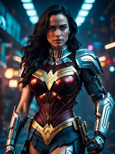 cinematic photo , ( Alice Braga as    cyberpunk  wonder woman)  with rusty and damage  cybernetic arm,   cyberpunk style,  dynamic posture , a human living in a world where robots have taken over,     neon light,  night,  super detailed, 8k, high quality, trending art, trending on artstation,   (SteelHeartQuiron character, Sorayama Style, chrome armor), 
 <lora:sd_xl_base_1.0_quiron_SteelHeart_V2_Lora:0.77>