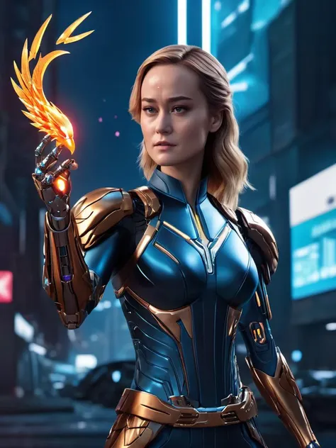 cinematic photo , ( Brie Larson as    cyberpunk  phoenix  from xmen)  with rusty and damage  cybernetic arm,   cyberpunk style,  dynamic posture , a society where death no longer exists,   (ai artwork by Quiron:0.1),  neon light,  night,  super detailed, 8k, high quality, trending art, trending on artstation,   (SteelHeartQuiron character, Sorayama Style, chrome armor), 
 <lora:sd_xl_base_1.0_quiron_SteelHeart_V2_Lora:0.77>