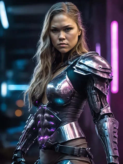 cinematic photo , ( Ronda Rousey as    cosplaying cyberpunk  superheroine shredder)  with rusty and damage  cybernetic arm,   cyberpunk style,  dynamic posture ,    neon light, trending art, trending on artstation,   (SteelHeartQuiron character, Sorayama Style, chrome armor), 
 <lora:sd_xl_base_1.0_quiron_SteelHeart_V2_Lora:0.77>