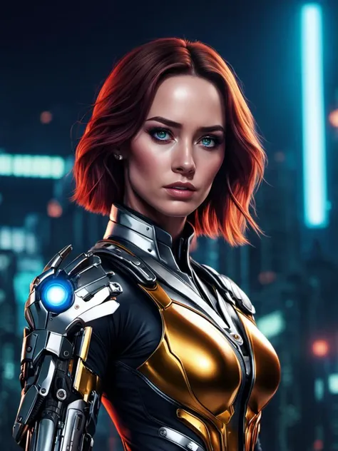 cinematic photo , ( Emily Blunt as    cyberpunk  phoenix  from xmen)  with rusty and damage  cybernetic arm,   cyberpunk style,  dynamic posture , a human living in a world where they can communicate telepathically,   (ai artwork by Quiron:0.1),  neon light,  night,  super detailed, 8k, high quality, trending art, trending on artstation,   (SteelHeartQuiron character, Sorayama Style, chrome armor), 
 <lora:sd_xl_base_1.0_quiron_SteelHeart_V2_Lora:0.77>