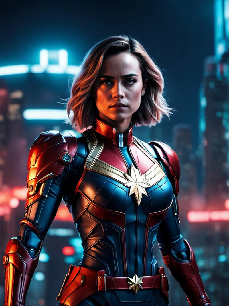 cinematic photo , ( Alice Braga as cyberpunk captain marvel) with rusty and damage cybernetic arm, cyberpunk style, dynamic posture , a planet overrun by advanced robots, (ai artwork by Quiron:0.1), neon light, night, super detailed, 8k, high quality, trending art, trending on artstation, (SteelHeartQuiron character, Sorayama Style, chrome armor),
<lora:sd_xl_base_1.0_quiron_SteelHeart_V2_Lora:0.77>