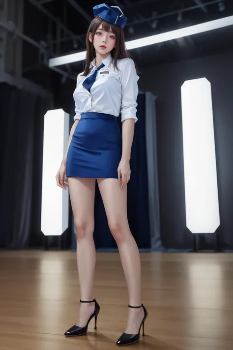 8K, Best Quality, Ultra High Definition, Masterpiece, Realistic, Photorealistic, High Contrast, Photon Mapping, Realistic, Ultra Detail, Low Angle: 1.5, 1 Girl, Solo: 1.5, Full Body, Night Concert Venue Stage, KPOP Star, KPOP Idol, KPOP Outfit, Sexy, Fancy Makeup, Blazer: 1.3, Short Skirt: 1.3, Blazer and skirt must be worn, tie, shirt: 1.3, bare legs, high heels, 100 degree leg opening: 1.5, crotch open: 1.5, brown hair long, see-through wet white panties: 1.5, panties visible from under skirt: 1.3, tall, height is 170 cm, long legs: 1.2, small breasts, beautiful face: 1.2, detailed female pubic shape is clearly visible: 1.5, pubic hair: 1.5, without panties: 1.3, textured skin