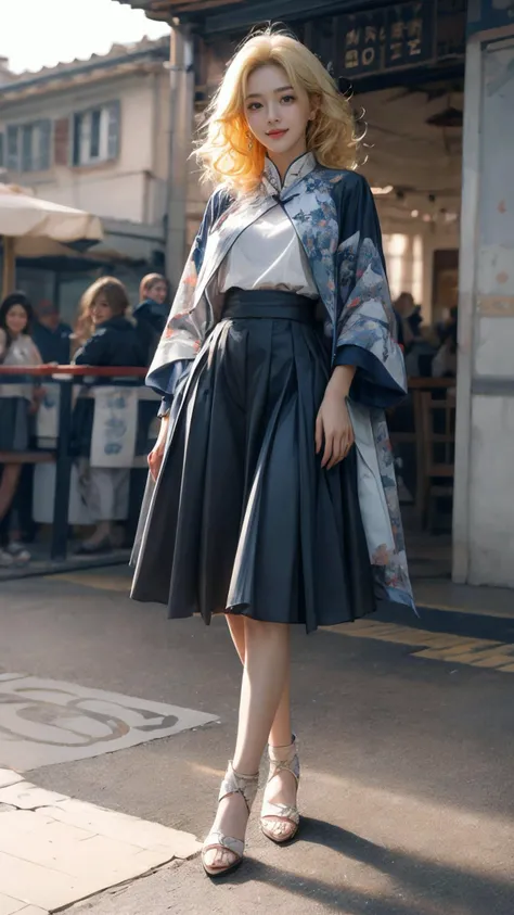 (Realistic),masterpiece,best quality,highest detail,depth of field,aesthetic,looking at viewer,Tilt Shot,
1girl,photo of a cute girl,full body,light smile,charming,20yo,Curly Hair.Hair between eyes,Canary yellow hair,Fresh Fruits,Hanfu,Sequin,outdoors,Walking,qinghua,Cloak de cour,
<lora:GoodHands-vanilla:1>,<lora:add_detail:1>,<lora:Better light:1>,<lora:qinghua50:0.6>,