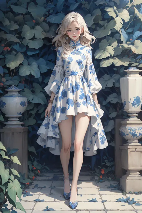 ((masterpiece)), (best quality), official art, extremely detailed CG, unity 8k wallpaper, ultra detailed, highly detailed, detailed background, vivid color, perfect lighting, best illumination, (photorealistic:1.3), 
1girl, platinum hair,  green eyes, small chest,  smile, happy,  
qinghua, onpiece dress,  blue and white print onepiece,  miniskirt,  standing, walking,  stream,    
forest, outdoors,  mountain,  floating petal, 
 <lora:qinghua_20230804095341:0.7>